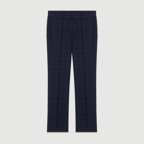MAJE Preppy Plaid Academia Office Crop Pleated Navy Blue Trousers Pants Size 34 - Picture 11 of 13